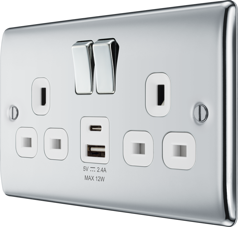 BG Electrical Nexus Metal Polished Chrome - Double switched single pole, with USB A + C (12W)