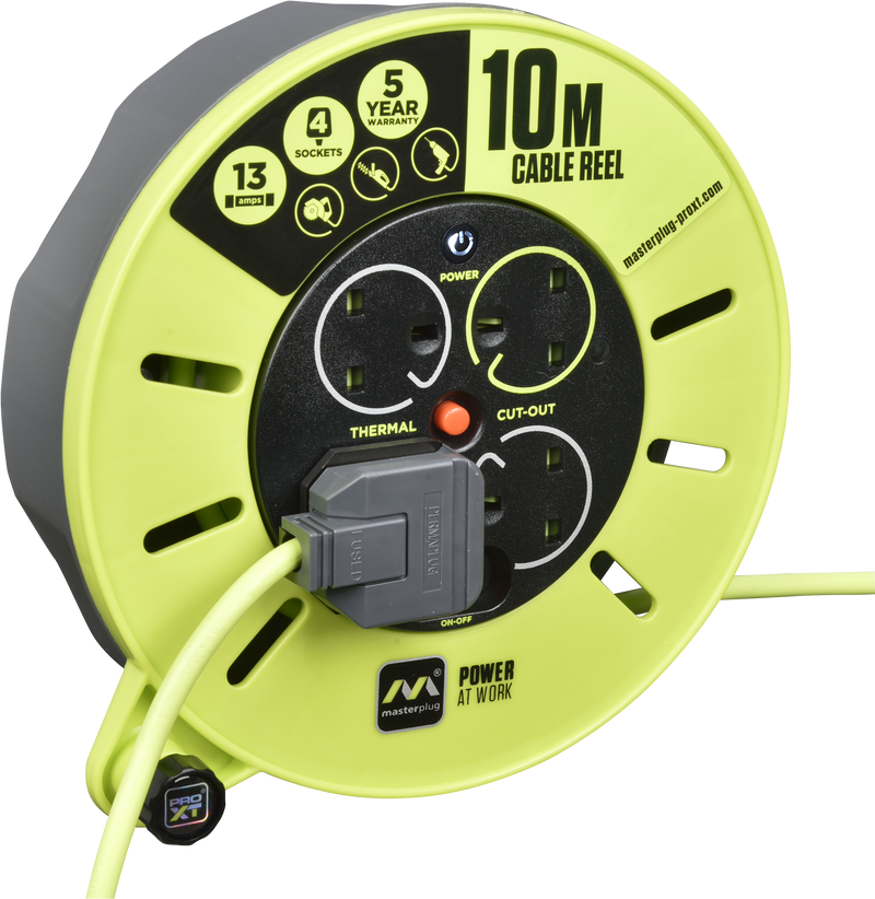 Masterplug Pro XT - 10m, 4 Sockets, 13A, Grey + Green