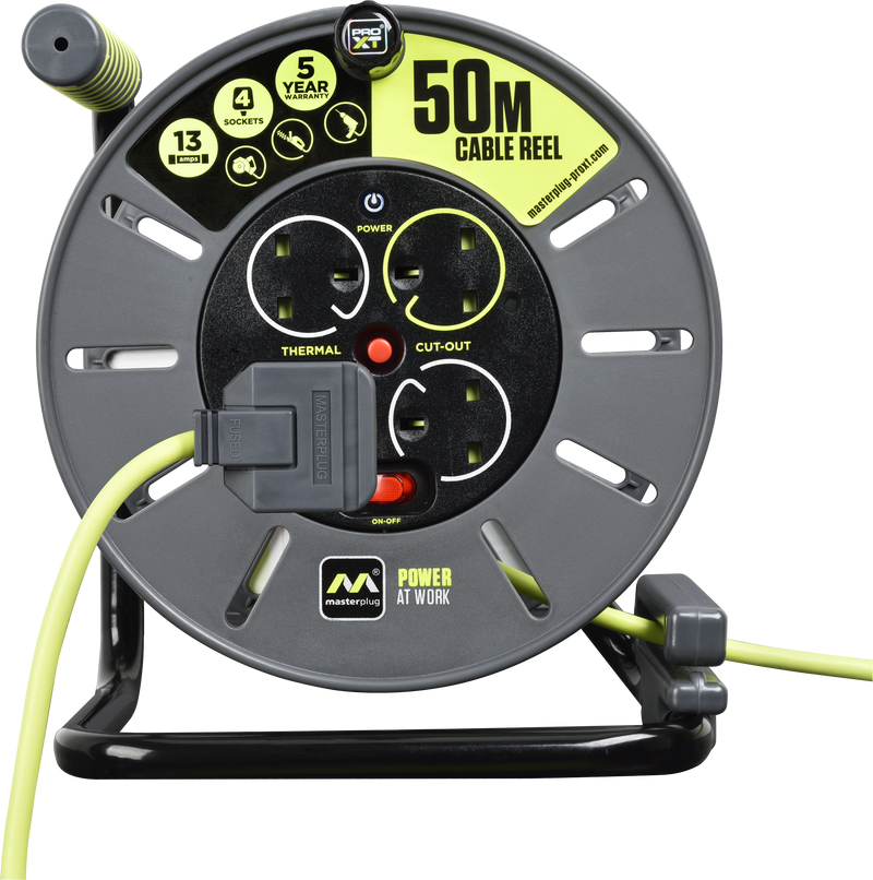 Masterplug Pro XT - 50m, 4 Sockets, 13A, Grey + Green