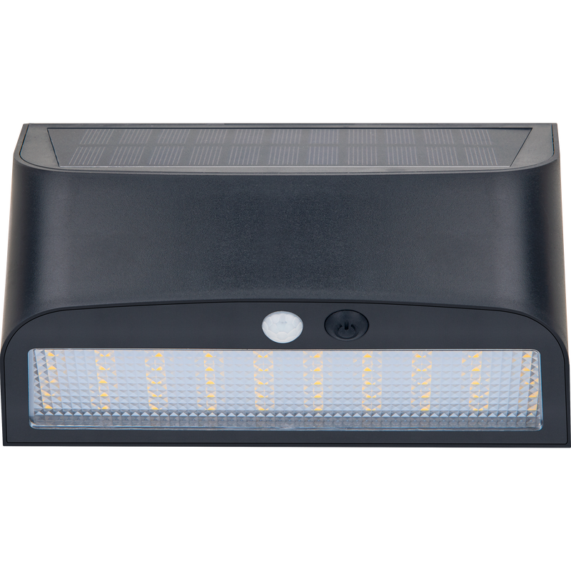 Luceco Prysm Wall Light - Prysm Decorative Outdoor Solar Wall Light with PIR Motion Sensor and USB Charging Port, LED Exterior Lighting, Black, IP54, 6W, 600lm, 4000K