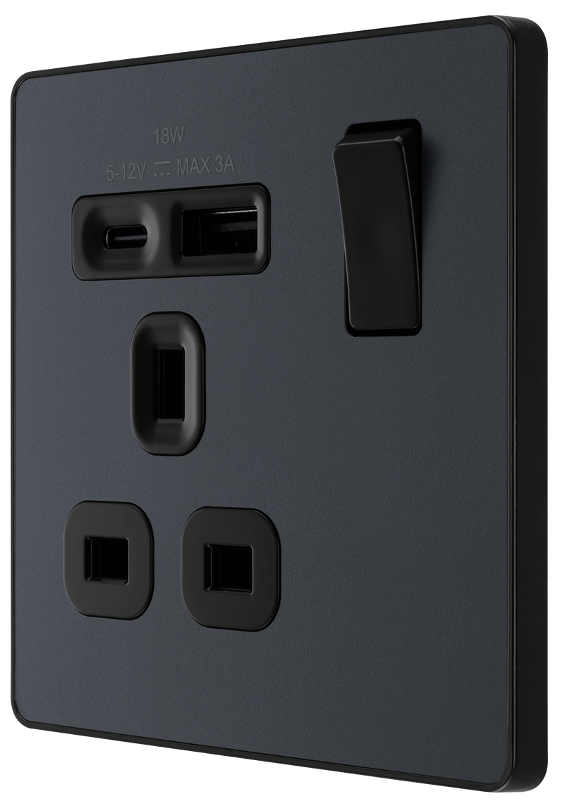 BG Electrical Evolve Matt Grey - Single, switched, single pole, with 1 x USB A + 1 x USB C