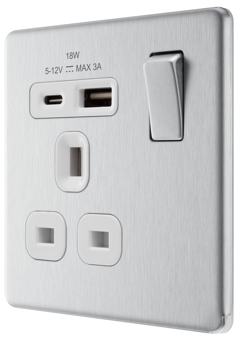 BG Electrical Flatplate Screwless Brushed Steel - Single, switched, single pole, with 1 x USB A + 1 x USB C