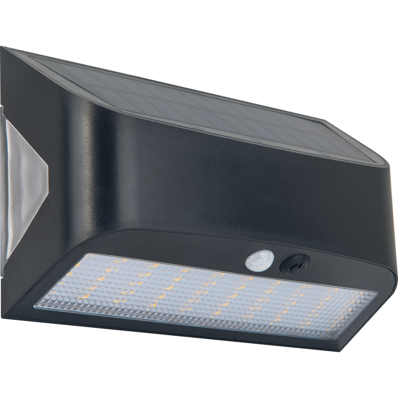 Luceco Prysm Wall Light - Prysm Decorative Outdoor Solar Wall Light with PIR Motion Sensor and USB Charging Port, LED Exterior Lighting, Black, IP54, 6W, 600lm, 4000K