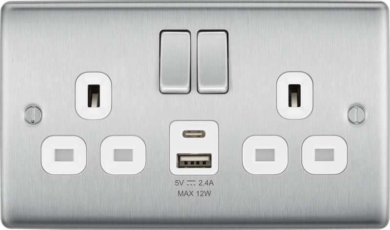 BG Electrical Nexus Metal Brushed Steel - Double switched single pole, with USB A + C (12W)