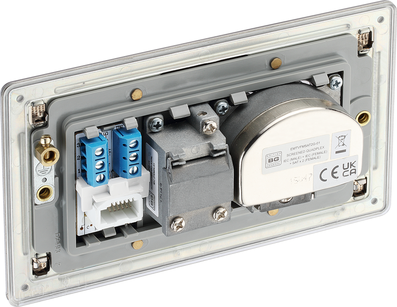 BG Electrical Flatplate Screwless Brushed Steel - Quadplex, 2 x sat, BT outlet and co-ax returned - screened