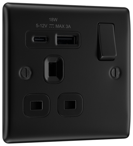 BG Electrical Nexus Metal Matt Black - Single, switched, single pole, with 1 x USB A + 1 x USB C