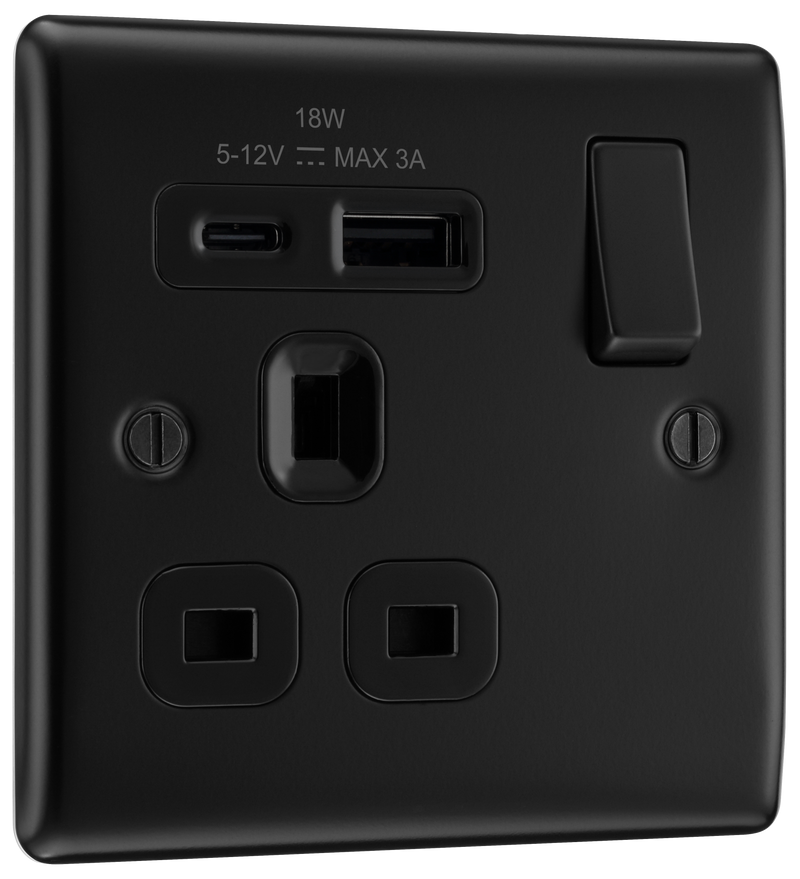 BG Electrical Nexus Metal Matt Black - Single, switched, single pole, with 1 x USB A + 1 x USB C