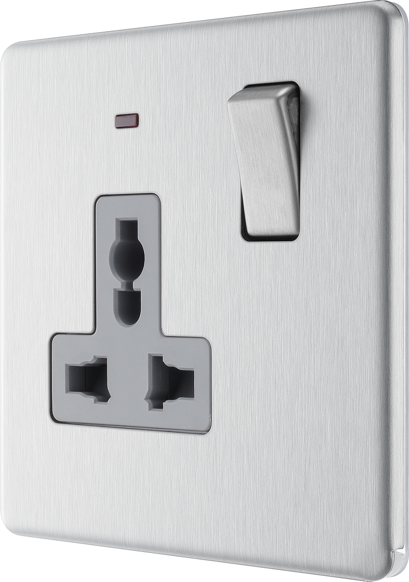 BG Electrical Flatplate Screwless Brushed Steel - Single, switched, universal with indicator (export only)