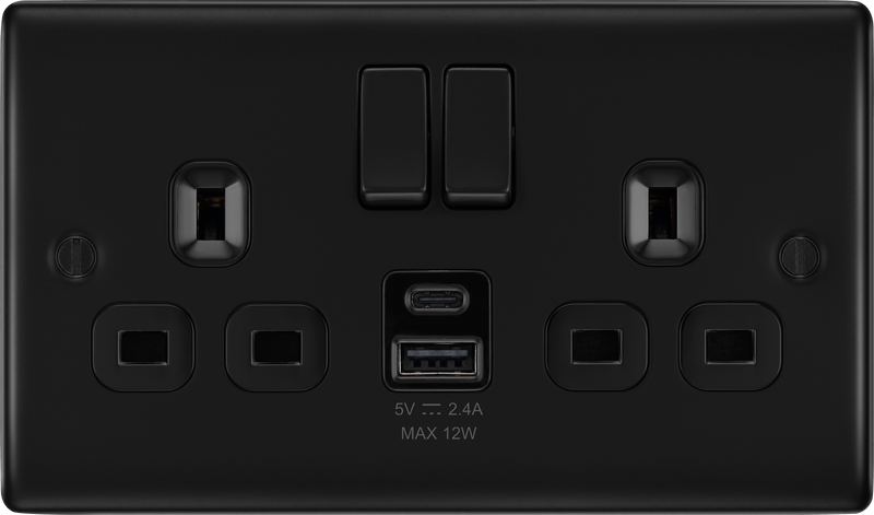 BG Electrical Nexus Metal Matt Black - Double switched single pole, with USB A + C (12W)