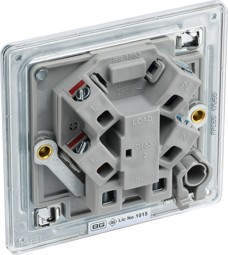 BG Electrical Flatplate Screwless Polished Chrome - Unswitched and fused with flex outlet
