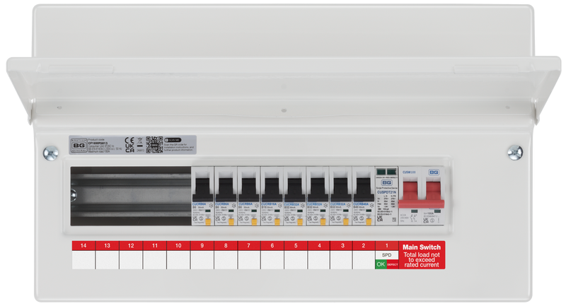 BG Circuit Protection RCBO Main Switch SPD - 16 module, 13 way, 100A Main Switch, 8 RCBO's, Type 2 SPD
