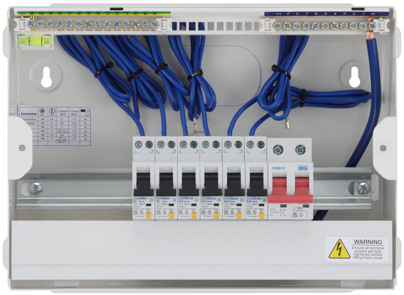 BG Circuit Protection RCBO Main Switch - 12 module, 10 way, 100A Main Switch, 6 RCBO's