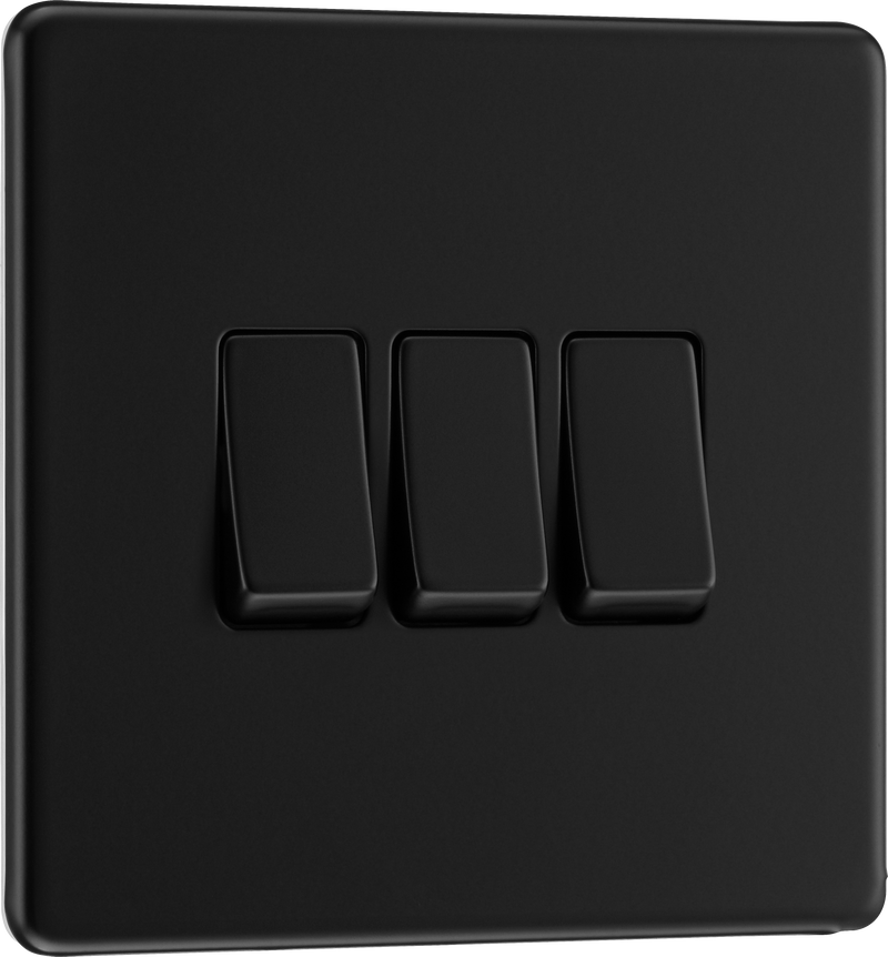 BG Electrical Flatplate Screwless Matt Black - Triple, 2 way switch
