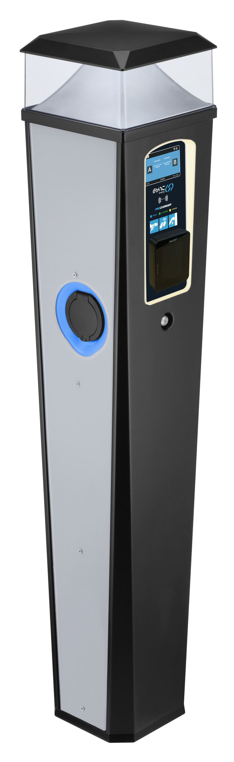 Sync Energy Pro Charger - EV Twin Bollard Pro Charger with Light 2 x 11kW, Three Phase - 4G, MID Meter with Pay Terminal