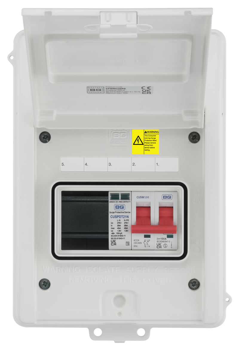 BG Circuit Protection IP65 Weatherproof - 5 module, 2 way, 100A Main Switch, Type 2 SPD