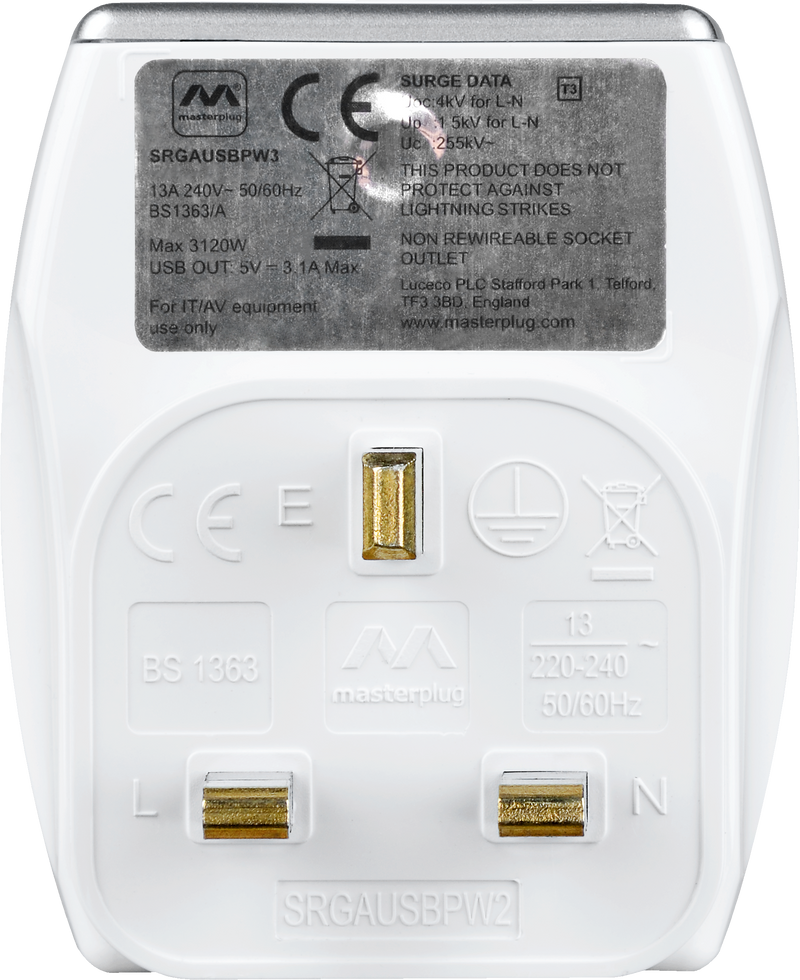 Masterplug High Gloss USB - 2 x USB A, 13A, Gloss White