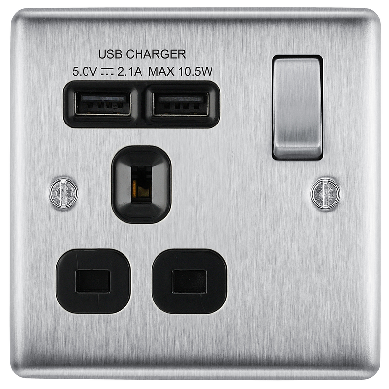BG Electrical Nexus Metal Brushed Steel - Single switched, single pole, with 2 x USB A