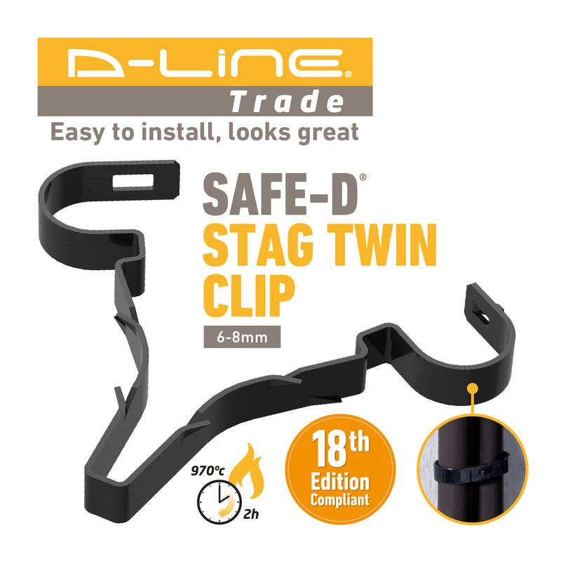 D-Line Fire Clip - Safe-D Stag-Clip for 2x 6-8mm φ cables. Twin, Black - Pack of 50