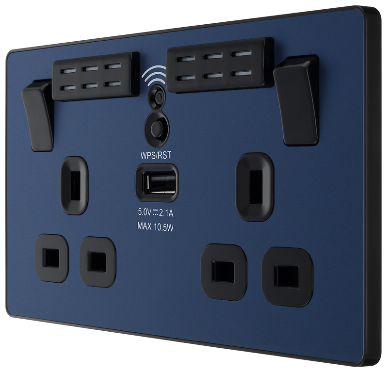 BG Electrical Evolve Matt Blue - Double, switched, single pole, WiFi Extender + USB A