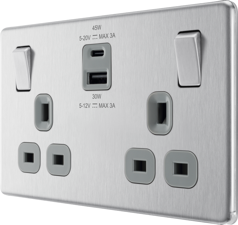 BG Electrical Flatplate Screwless Brushed Steel - Double switched single pole, with USB A + C (45W)