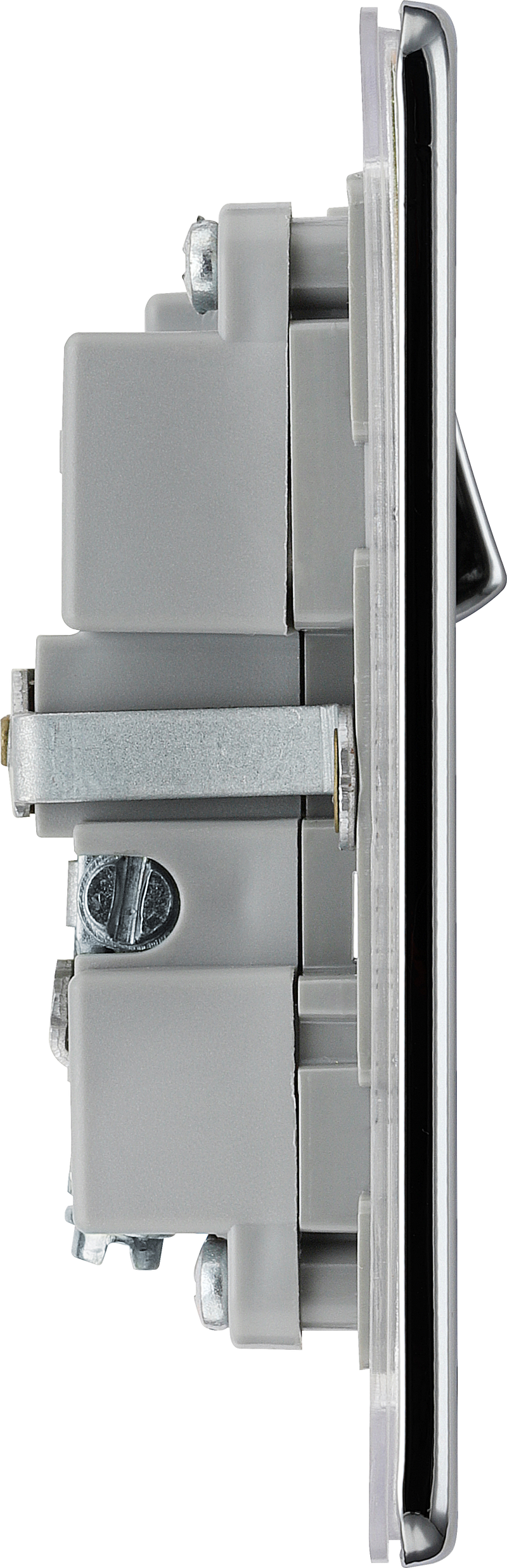 BG Electrical Flatplate Screwless Polished Chrome - Single switched, single pole, with 2 x USB A