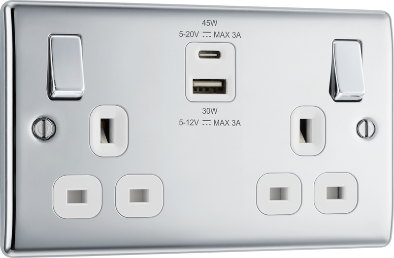 BG Electrical Nexus Metal Polished Chrome - Double switched single pole, with USB A + C (45W)