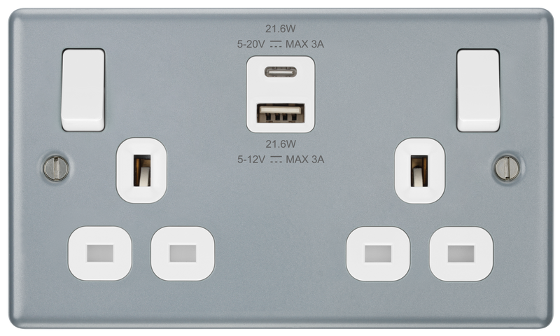 BG Electrical Metal Clad - Double switched single pole, with USB A + C (22W)