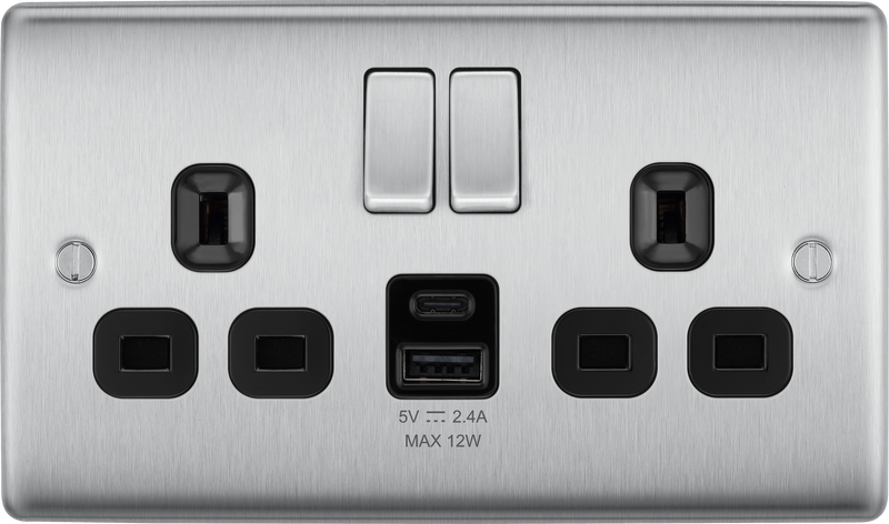 BG Electrical Nexus Metal Brushed Steel - Double switched single pole, with USB A + C (12W)