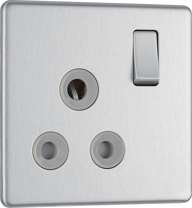 BG Electrical Flatplate Screwless Brushed Steel - 15A, single, switched, round pin