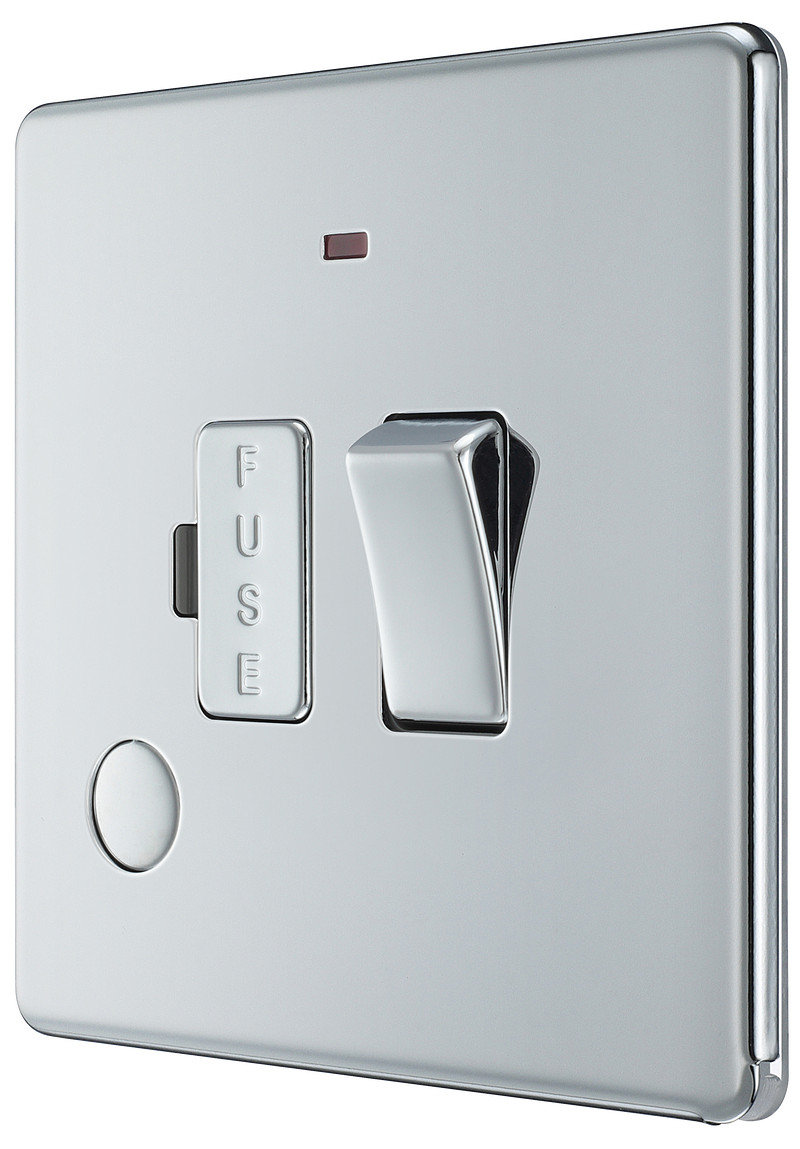 BG Electrical Flatplate Screwless Polished Chrome - Switched and fused with indicator and flex outlet