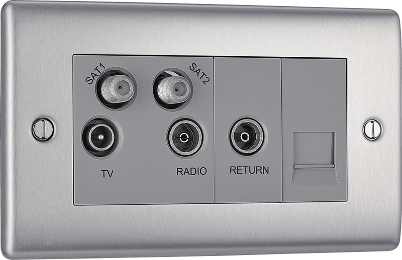 BG Electrical Nexus Metal Brushed Steel - Quadplex, 2 x sat, BT outlet and co-ax returned - screened