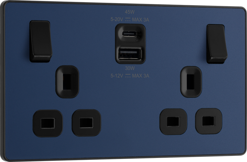 BG Electrical Evolve Matt Blue - Double switched single pole, with USB A + C (45W)