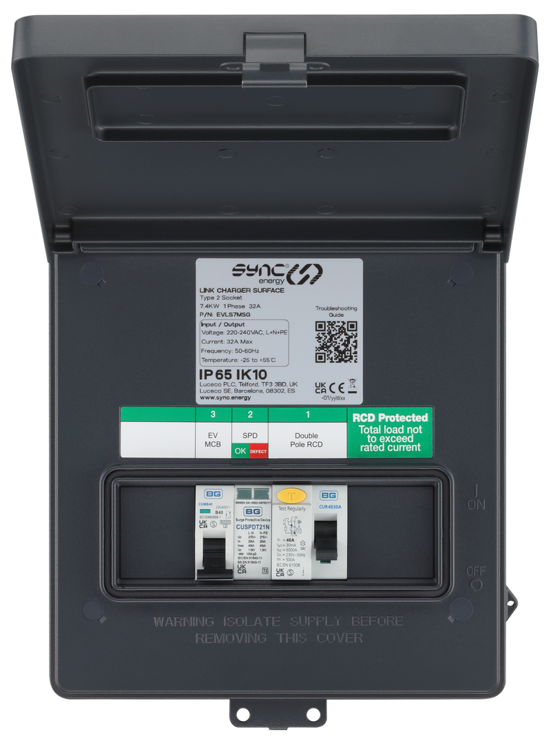 Sync Energy Link EV - Link Recessed EV Charger with Metal Control Box, 7.4kW - Wi-Fi, LAN, 4G