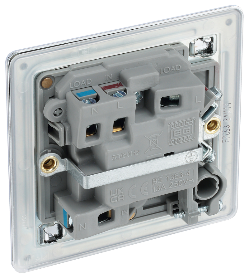 BG Electrical Flatplate Screwless Polished Chrome - Switched and fused with indicator and flex outlet