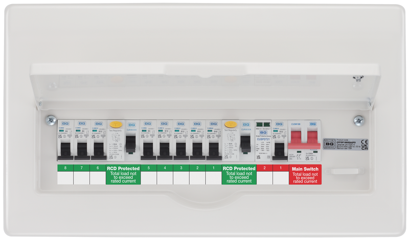 BG Circuit Protection Dual RCD SPD - 16 module, 8 way, 100A Main Switch, 80A/80A Type A RCD, 8 MCB's, Type 2 SPD
