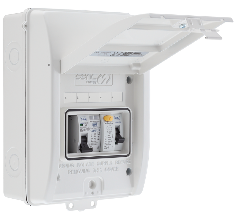 Sync Energy EV Circuit Protection - 5 Module EV Consumer Unit 40A with RCD, SPD, MCB, IP65 - White
