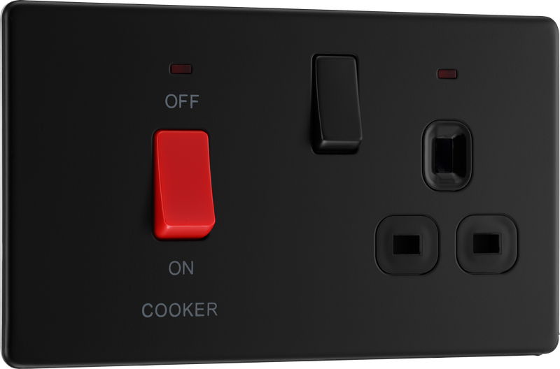BG Electrical Flatplate Screwless Matt Black - 45A double pole, with switched socket and indicators