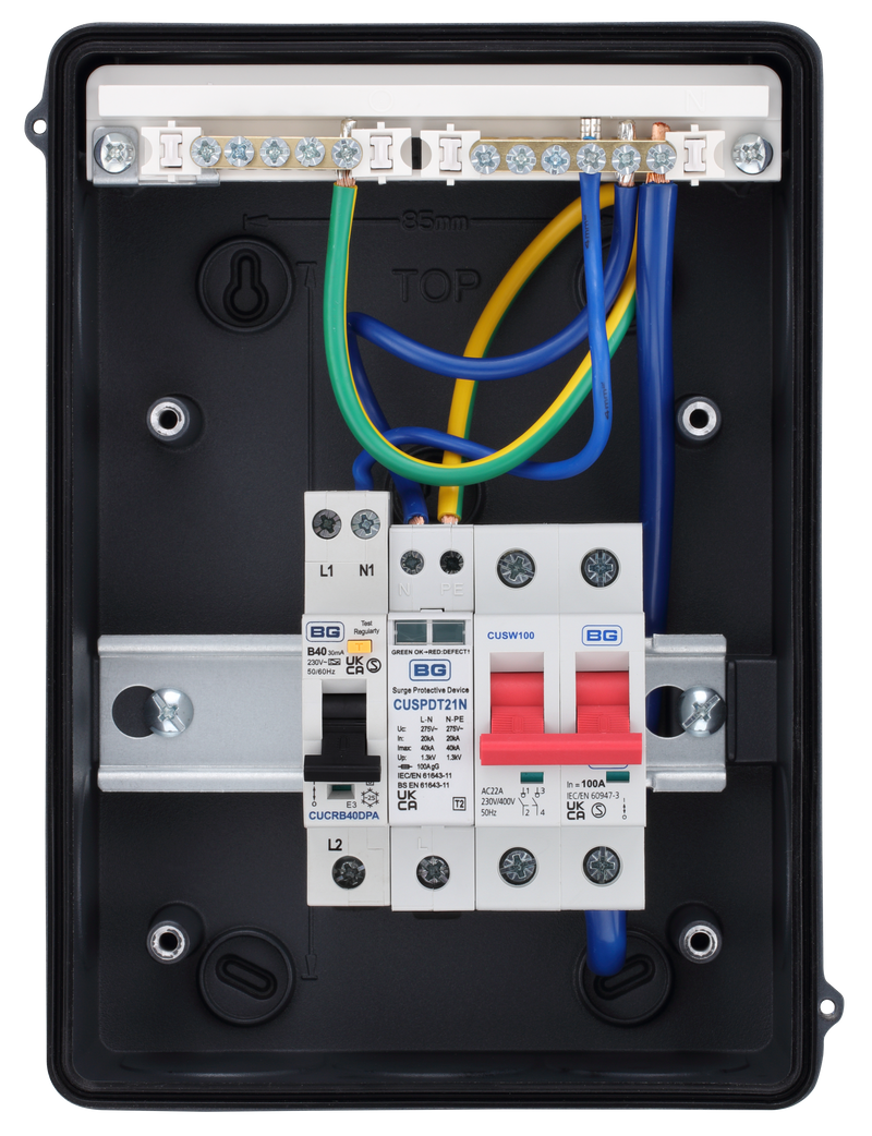 Sync Energy EV Circuit Protection - 5 Module EV Consumer Unit 100A with Main Switch, RCBO, SPD IP65 - Grey