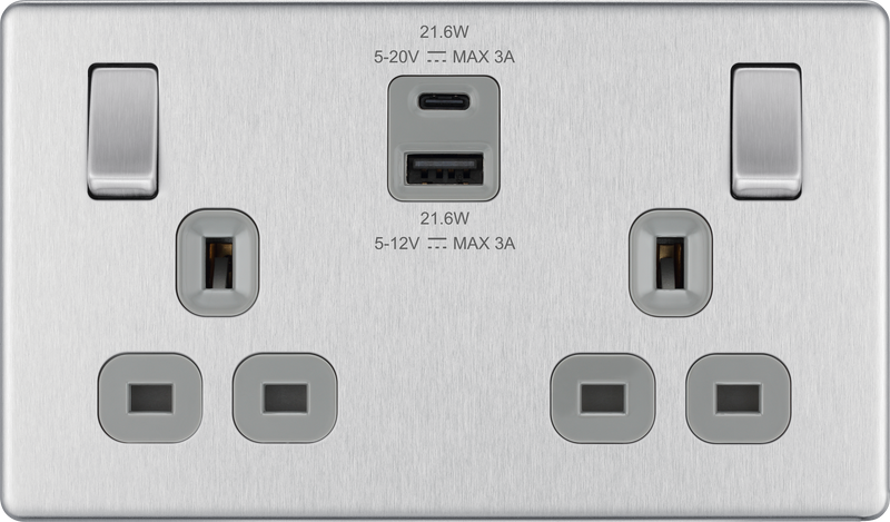 BG Electrical Flatplate Screwless Brushed Steel - Double switched single pole, with USB A + C (22W)