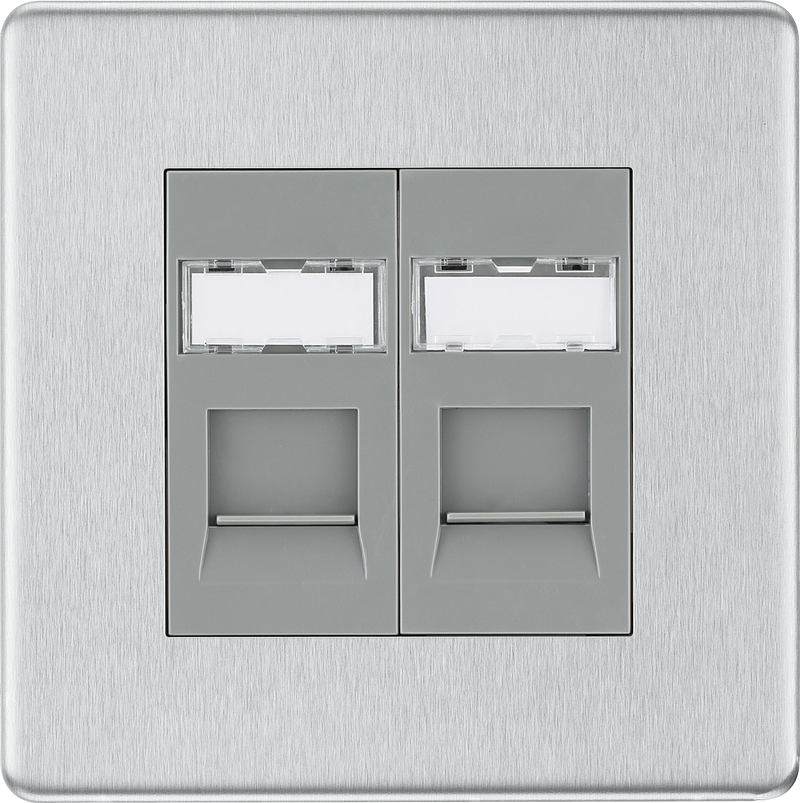 BG Electrical Flatplate Screwless Brushed Steel - Double, RJ45 telephone socket