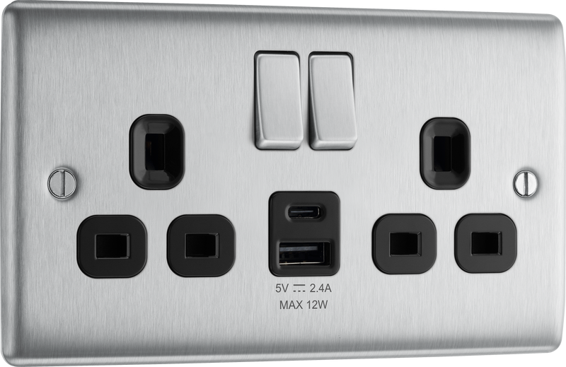 BG Electrical Nexus Metal Brushed Steel - Double switched single pole, with USB A + C (12W)