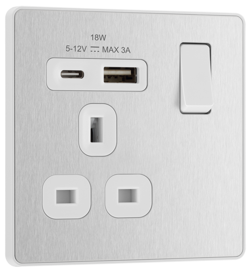 BG Electrical Evolve Brushed Steel - Single, switched, single pole, with 1 x USB A + 1 x USB C