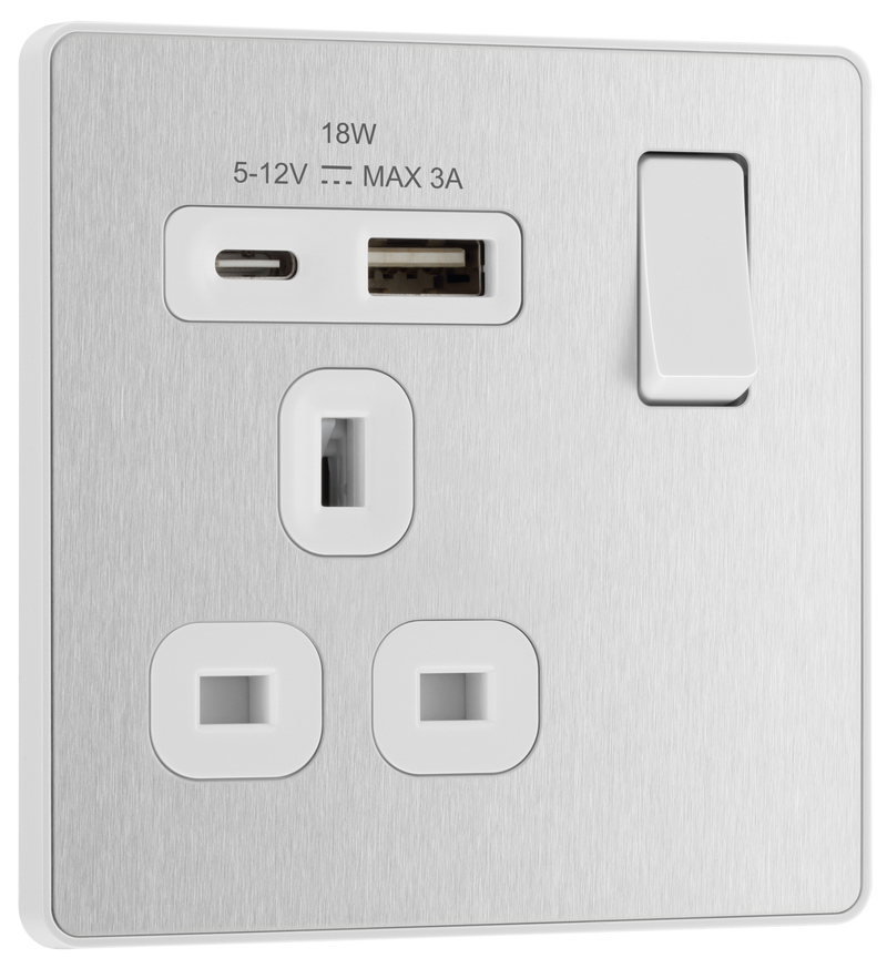 BG Electrical Evolve Brushed Steel - Single, switched, single pole, with 1 x USB A + 1 x USB C
