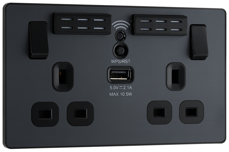 BG Electrical Evolve Matt Grey - Double, switched, single pole, WiFi Extender + USB A