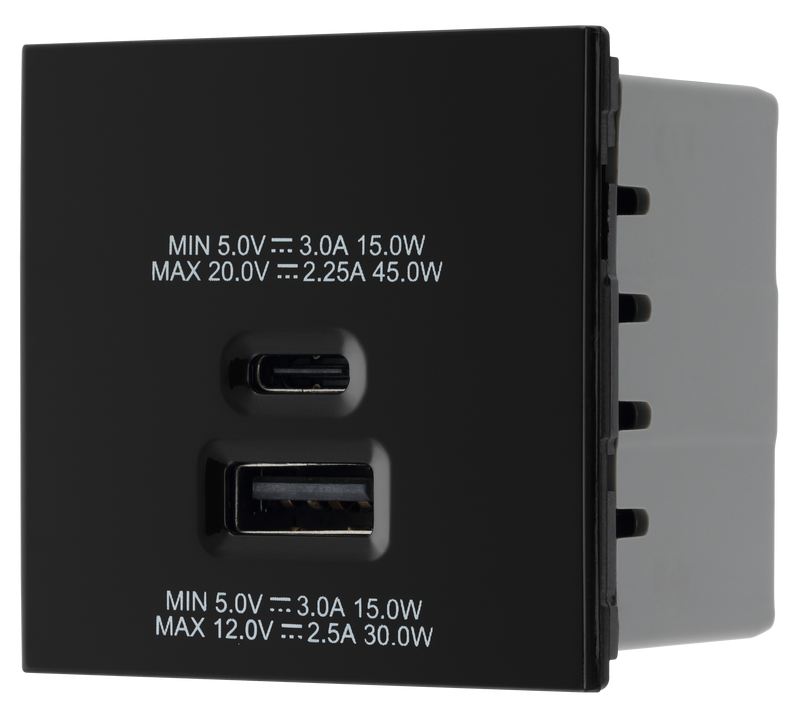 BG Electrical Euro Module - 45W USB A+C Euro Module - Black