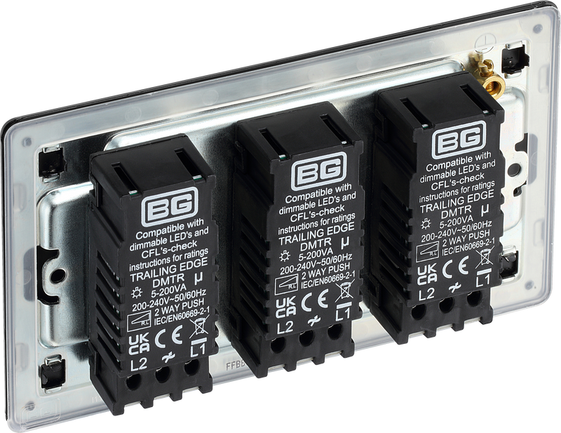 BG Electrical Flatplate Screwless Matt Black - Triple, 2 way push 200W