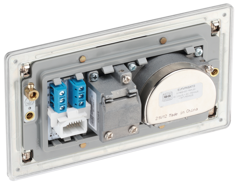 BG Electrical Flatplate Screwless Brushed Steel - Triplex with BT outlet and co-axial return - screened