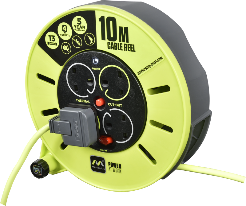 Masterplug Pro XT - 10m, 4 Sockets, 13A, Grey + Green