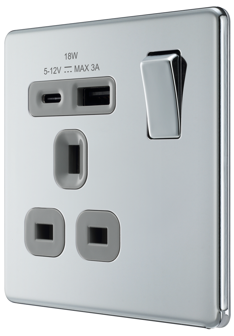 BG Electrical Flatplate Screwless Polished Chrome - Single, switched, single pole, with 1 x USB A + 1 x USB C