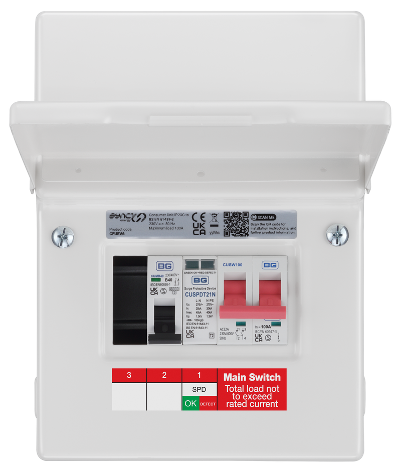 Sync Energy EV Circuit Protection - 5 Module EV Consumer Unit 100A with Main Switch, MCB SPD, IP20 - White